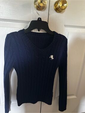 Polo by Ralph Lauren Navy Cable V‑Neck Sweater with White Pony